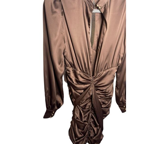 MAJORELLE Bristol Mini Dress Keyhole Neck Ruched Long Sleeve Chocolate Sz Small - Picture 8 of 14